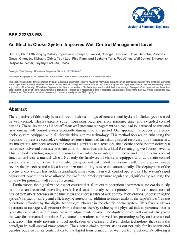 November 2024 · SPE-222338-MS · An electric choke system improves well control management level