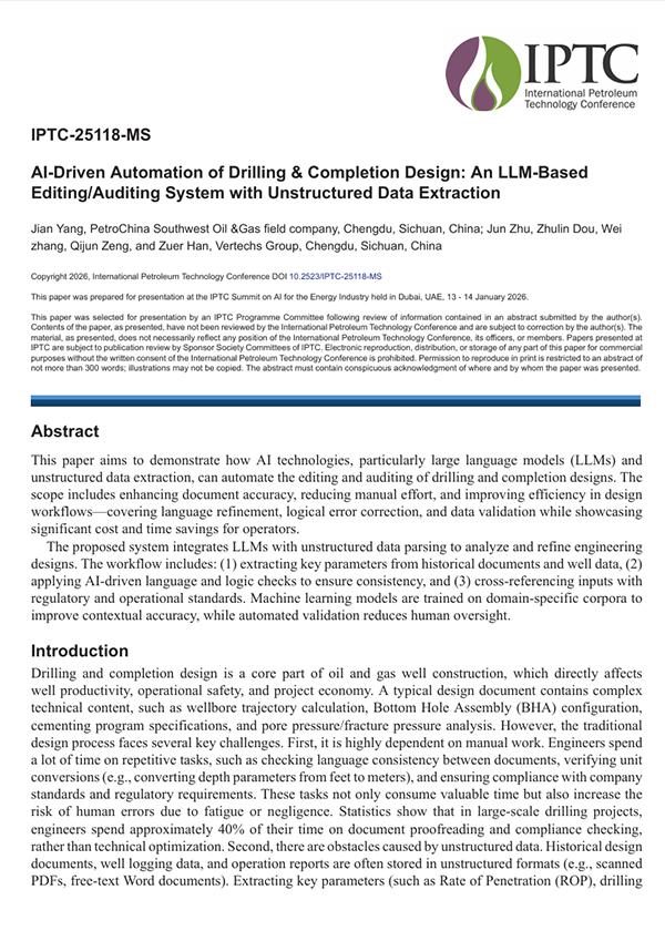 January 2026 · IPTC-25118-MS · AI-Driven Automation of Drilling & Completion Design An LLM-Based EditingAuditing System with Unstructured Data Extraction